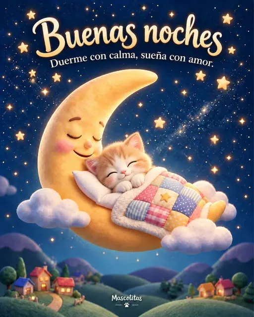 Gatito dormido sobre una luna con el texto “Buenas noches”