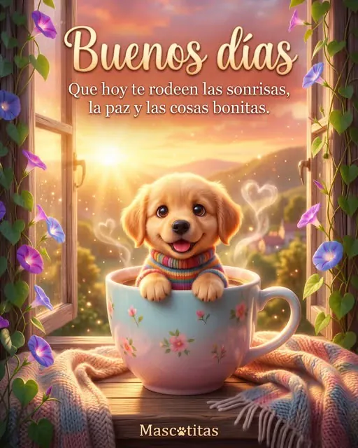 Perrito dentro de una taza de café con el texto “Buenos días”