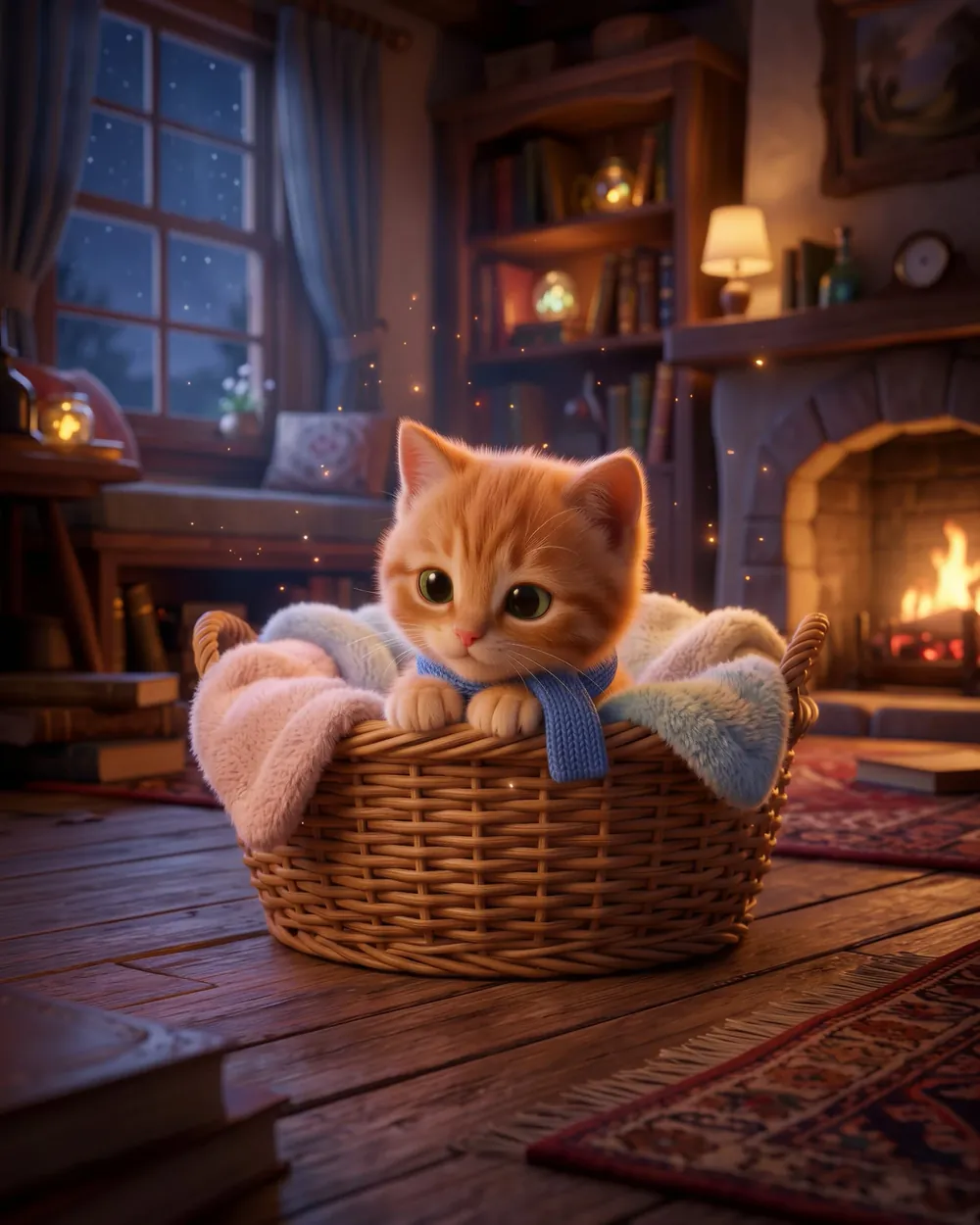Gatito acurrucado en una canasta junto a la chimenea