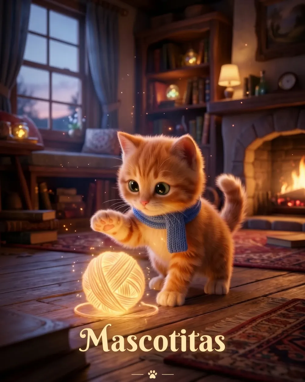 Gatito jugando con una bola de estambre junto a la chimenea